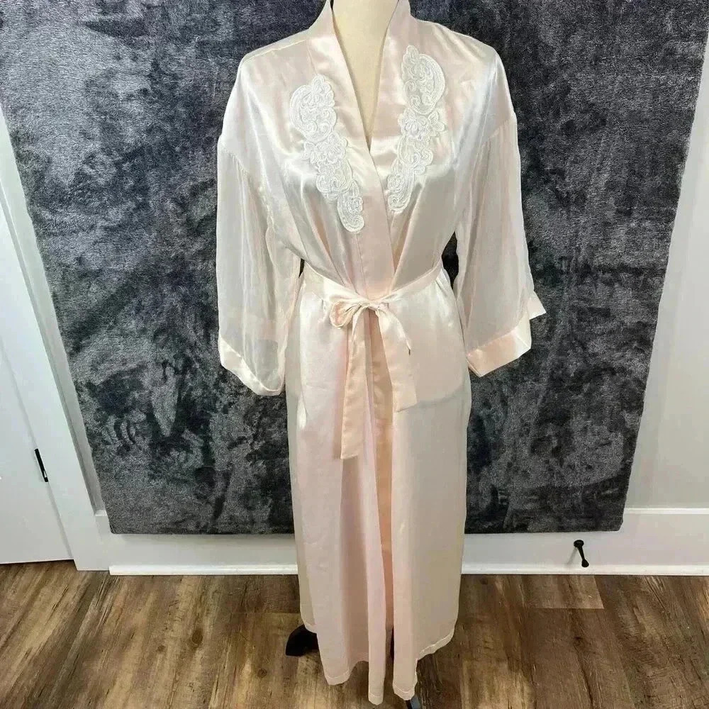 Vtg Alexandra Nicole Bridal Robe Light Pink Belted Embroidered Sz M Long Pockets